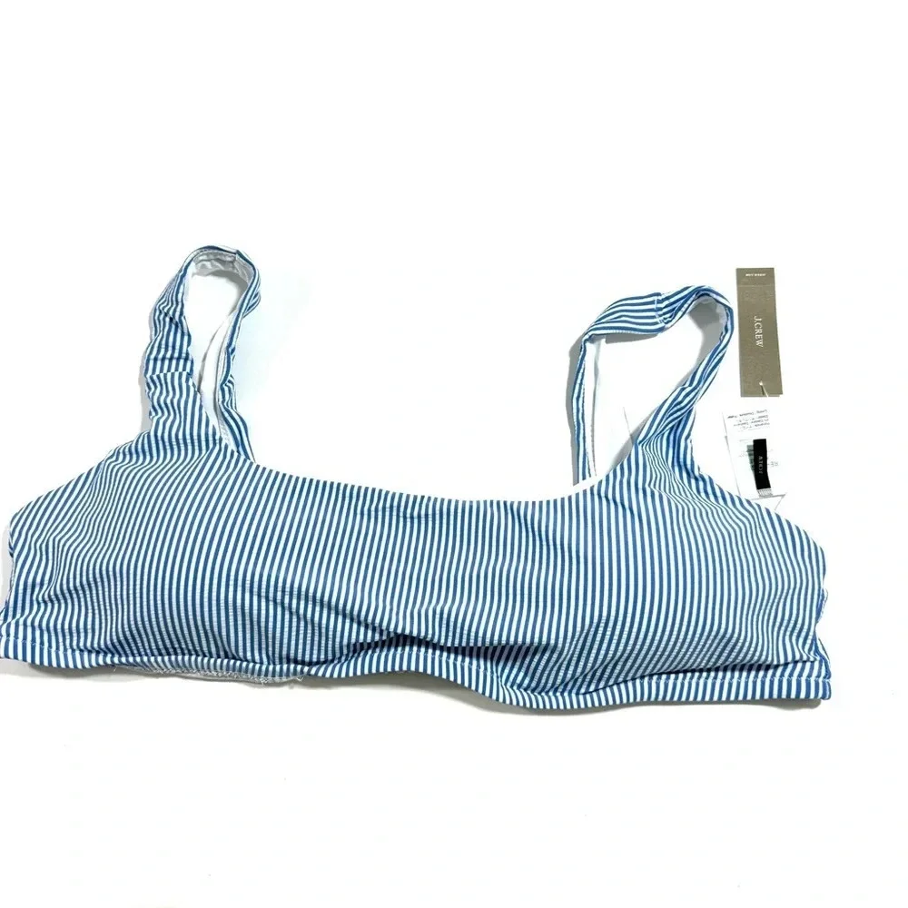 New J Crew Squareneck Bikini Top Seersucker Blue White